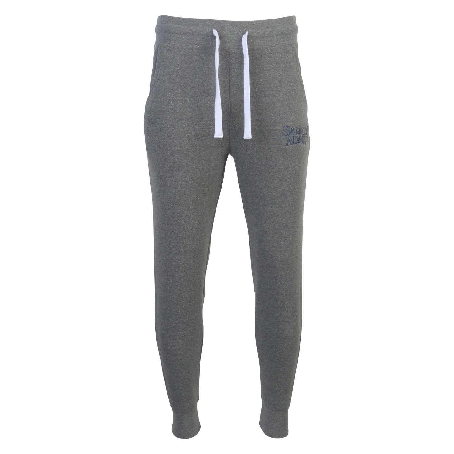 Heather grey jogger with Embroidered Sam Adam Logo, tapered leg, cuffed bottoms, athletic style chunky drawstrings