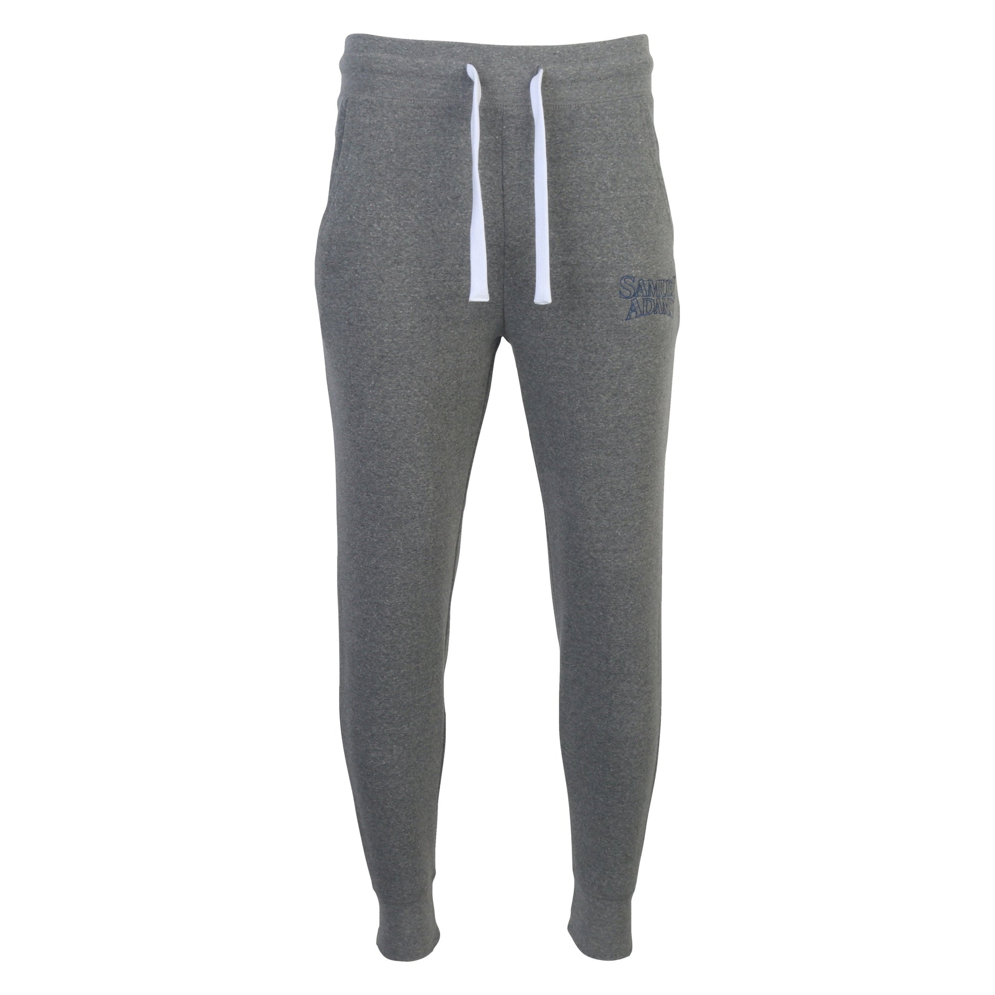 Heather grey jogger with Embroidered Sam Adam Logo, tapered leg, cuffed bottoms, athletic style chunky drawstrings