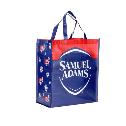 This reusable tote features the iconic Sam Adams logo and signature art work. Features blue sturdy handles.