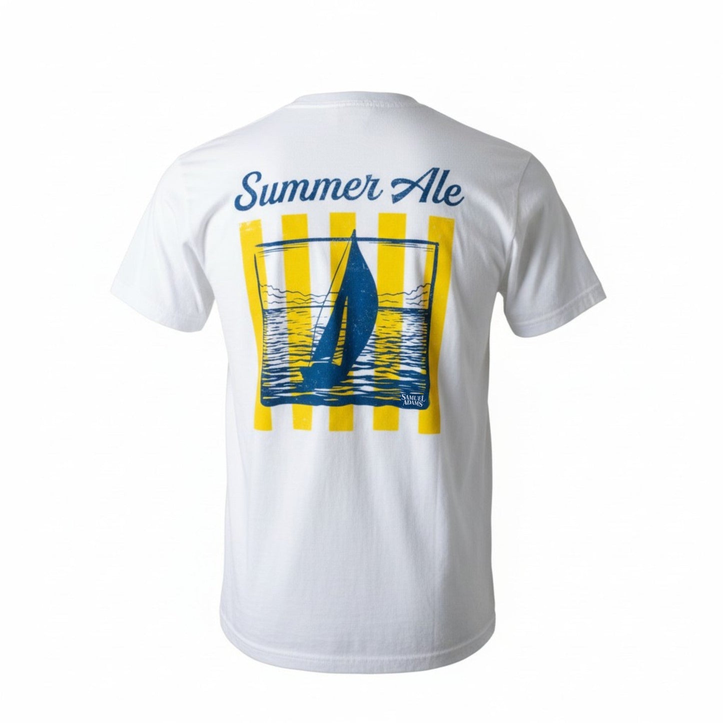 White short sleeve Sail Boat Summer Ale t‑shirt featuring a bold blue sailboat graphic on rippling water with vertical yellow stripe accents and “Summer Ale” text across the back.