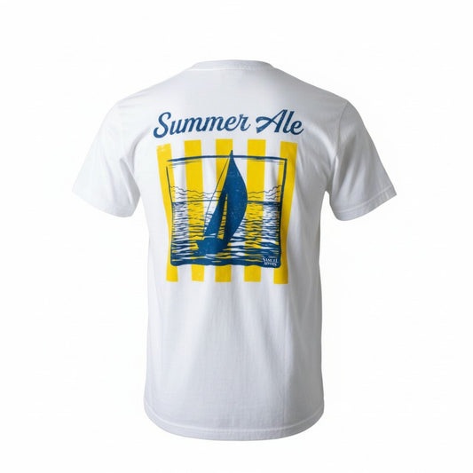 White short sleeve Sail Boat Summer Ale t‑shirt featuring a bold blue sailboat graphic on rippling water with vertical yellow stripe accents and “Summer Ale” text across the back.