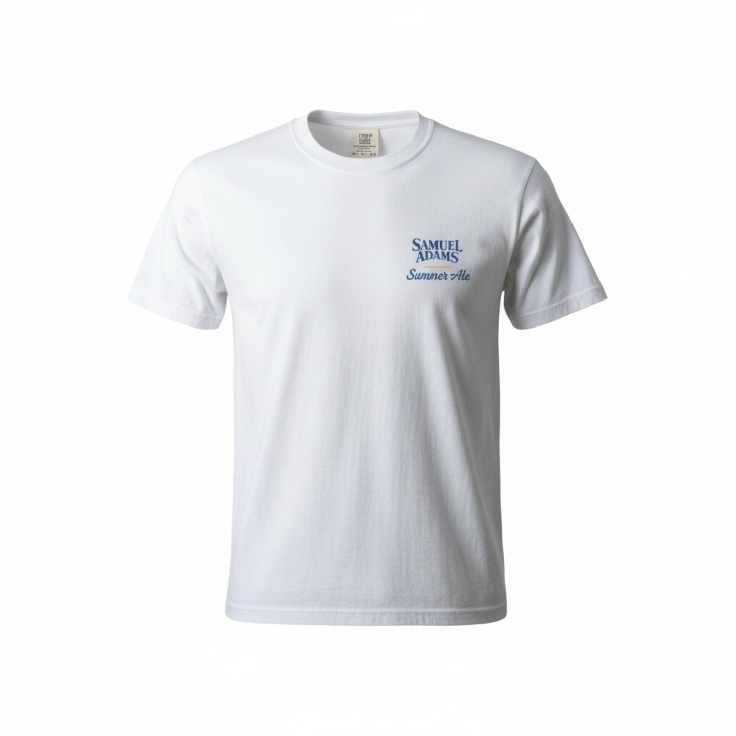 White Samuel Adams Summer Ale short sleeve t‑shirt with a clean minimalist front and small blue “Samuel Adams Summer Ale” logo printed on the left chest.
