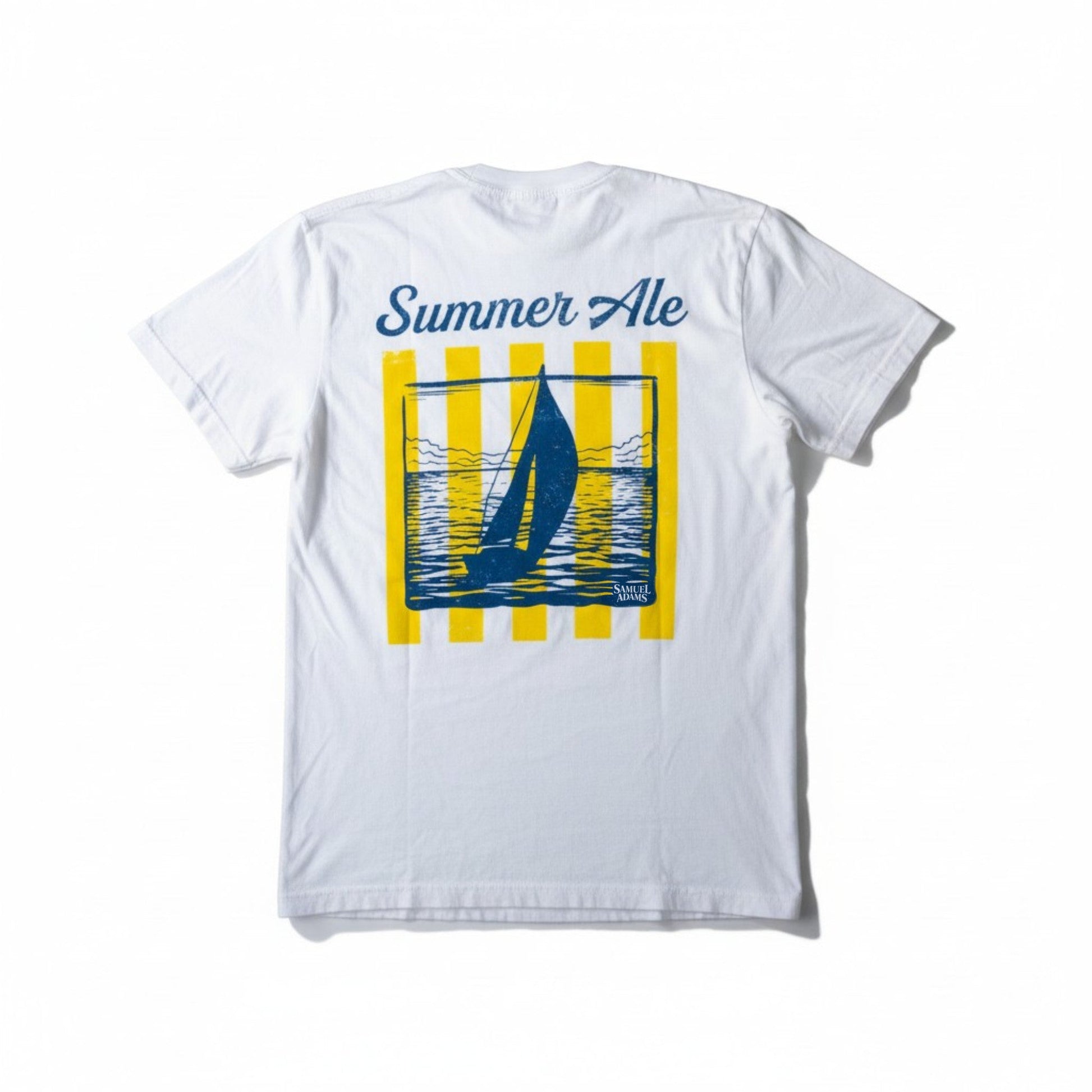 Back of white Summer Ale t‑shirt showcasing a nautical sailboat illustration in navy blue and yellow with ocean waves and vertical sun‑inspired stripes for a classic summer beer design.