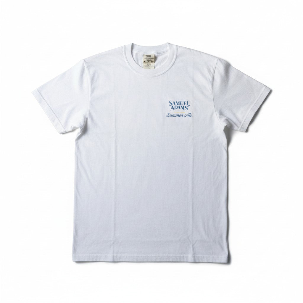 Front view of white Samuel Adams Summer Ale tee with short sleeves, crew neckline, and subtle blue brewery logo on the left chest for a casual summer look.