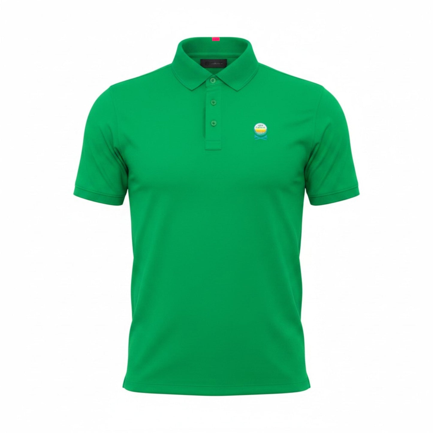 Sun Cruiser x G/FORE green men’s golf polo front view with classic collar, button placket, embroidered logo, and moisture-wicking performance fabric