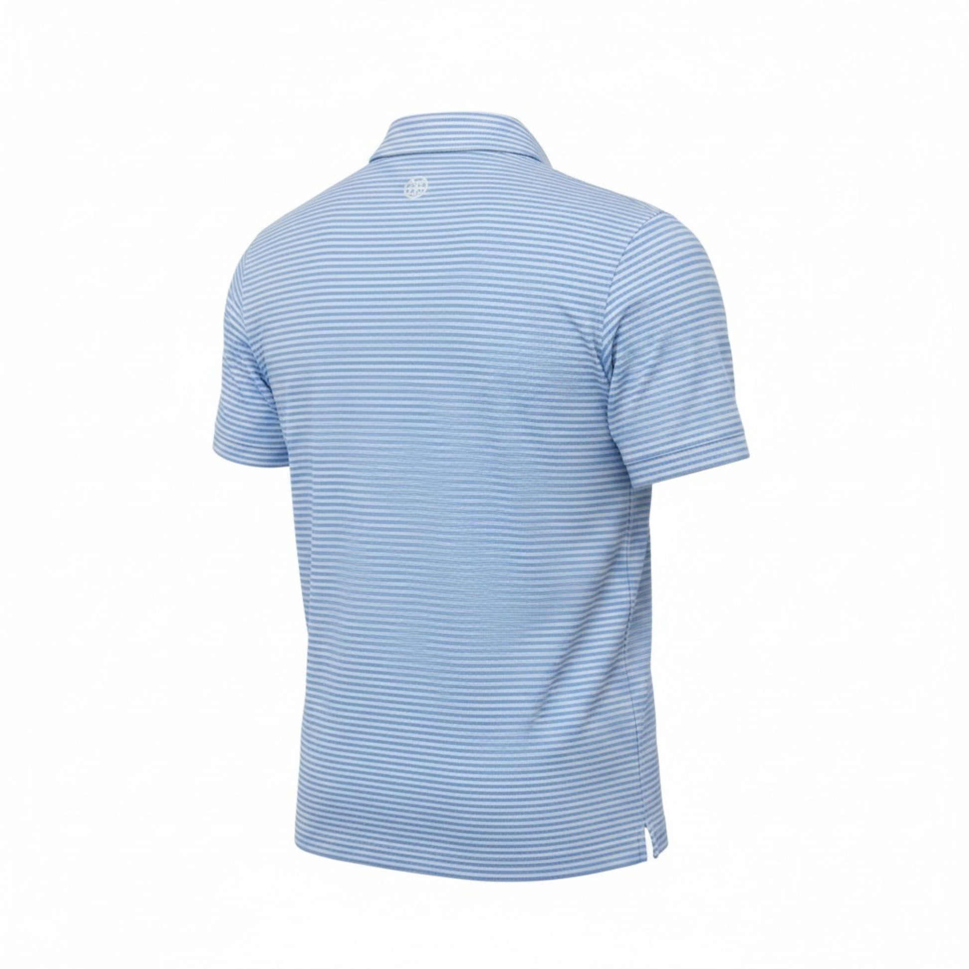 Sun Cruiser x G/FORE men’s blue striped golf polo back view with fine horizontal stripes, performance fabric, and tailored athletic fit
