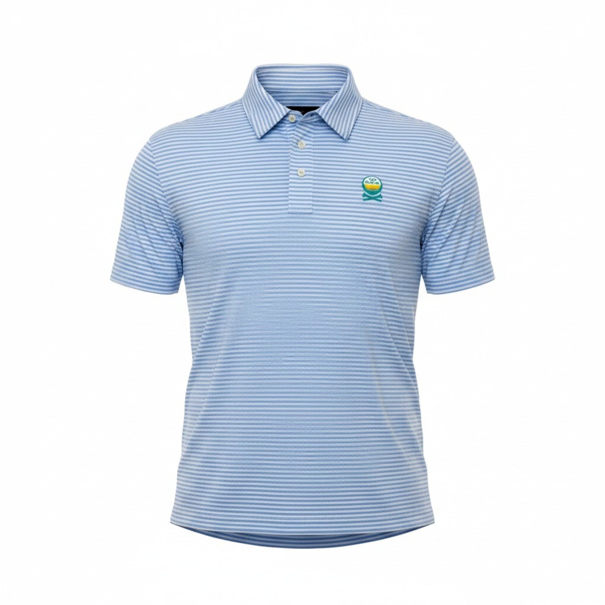 Sun Cruiser x G/FORE men’s blue striped golf polo front view featuring horizontal stripes, button placket, embroidered chest logo, and performance stretch fabric