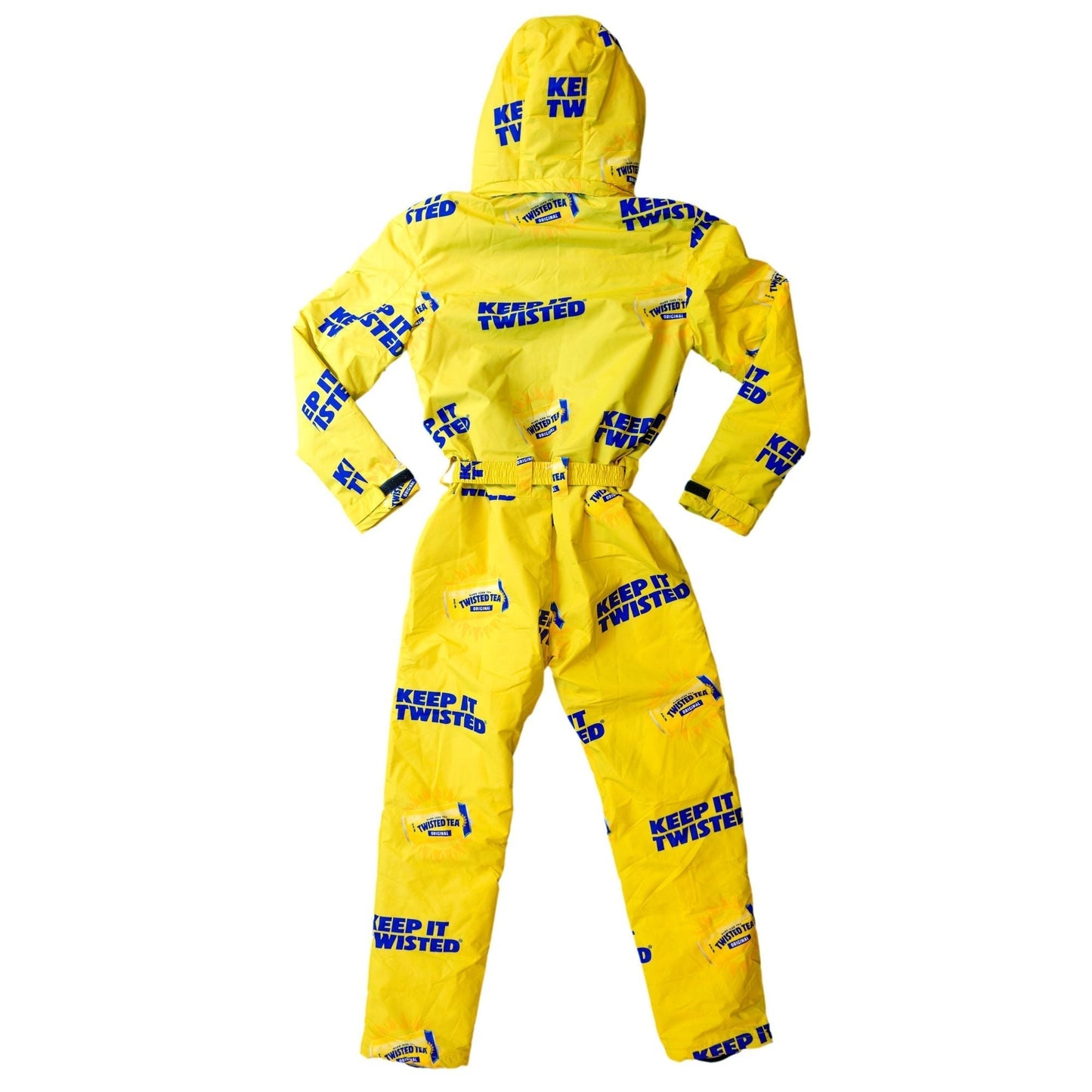 Yellow snowsuit covered in blue writing "Keep it Twisted" and twisted tea cans.
