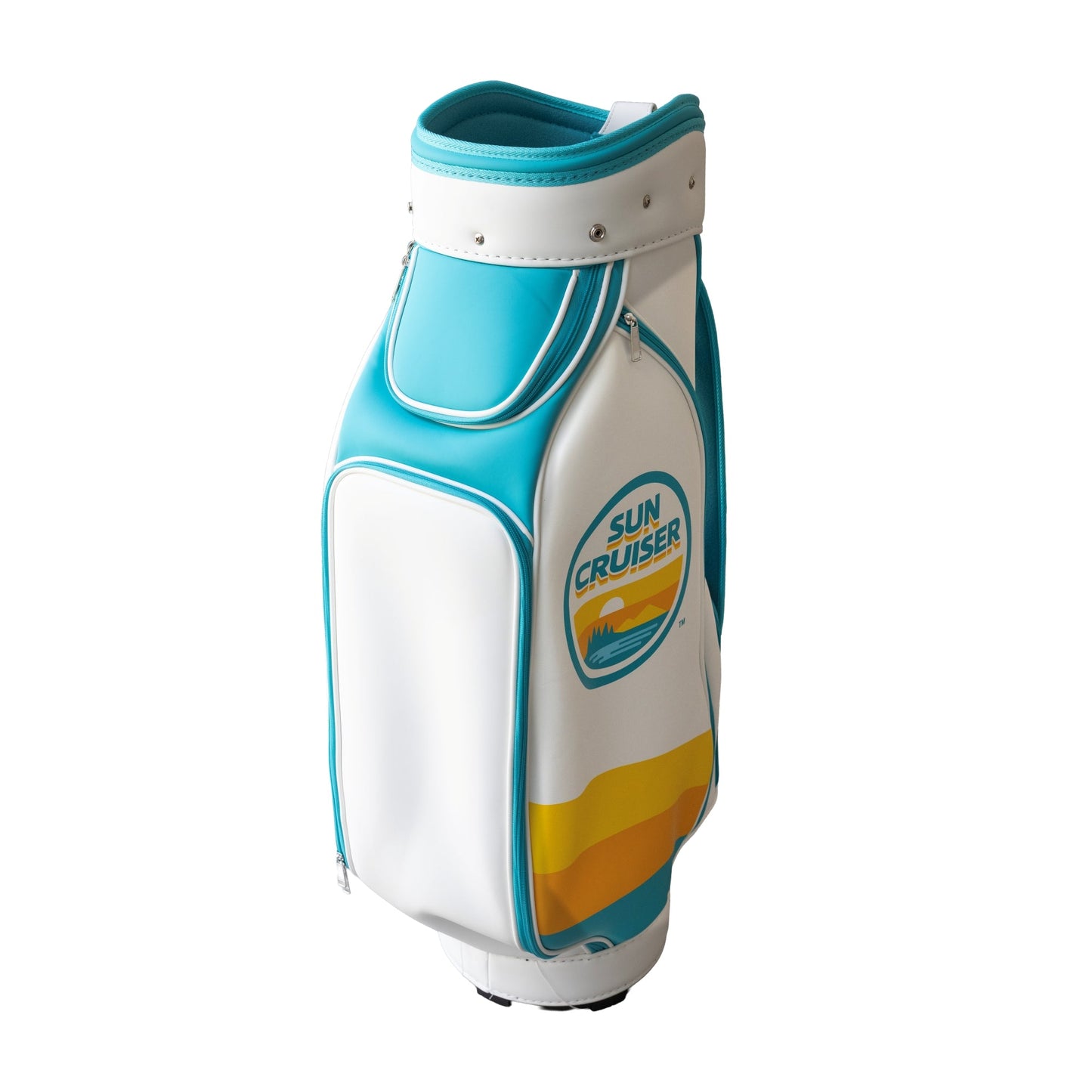 Sun Cruiser golf cart bag in teal and white with yellow accent stripe, featuring structured design, premium synthetic leather, zippered side pockets, and retro logo branding