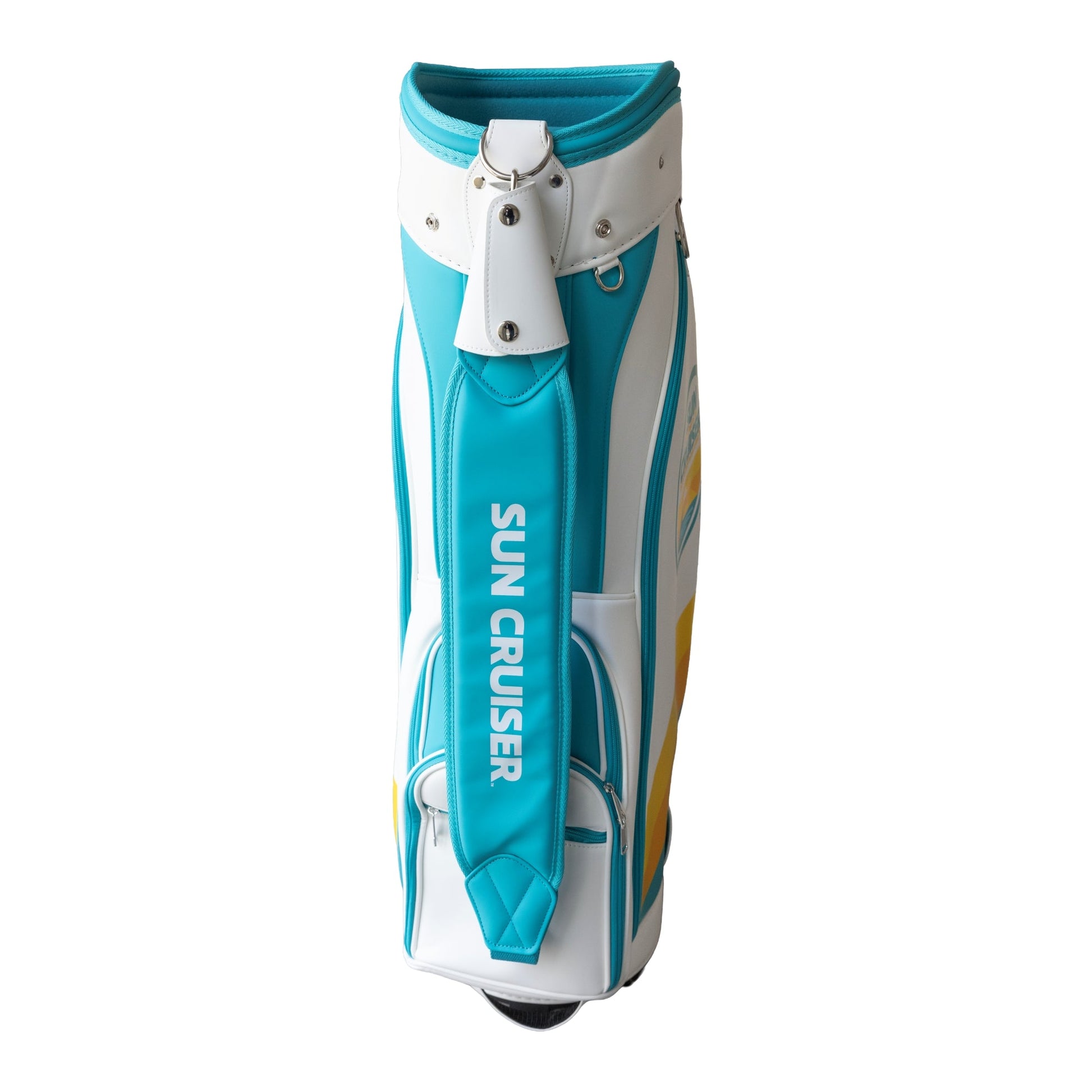 Rear view of Sun Cruiser teal and white golf cart bag with padded carry strap, vertical Sun Cruiser branding, durable construction, and multiple storage compartments