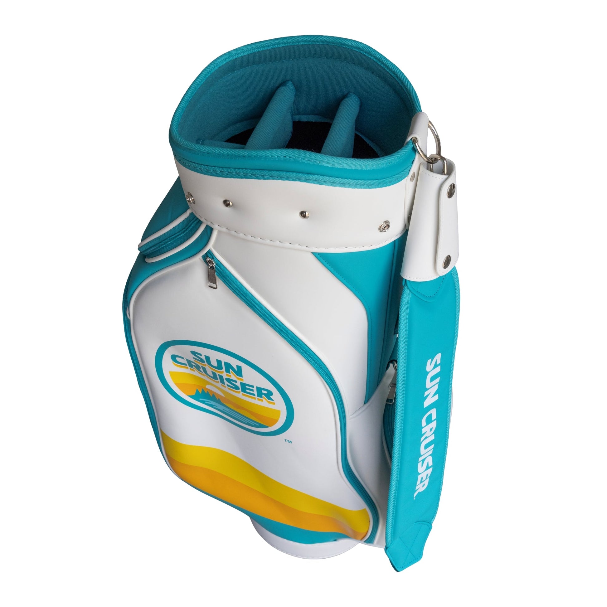 Top view of Sun Cruiser golf cart bag with padded multi‑divider opening, reinforced rim, teal interior lining, and premium construction for organized club storage