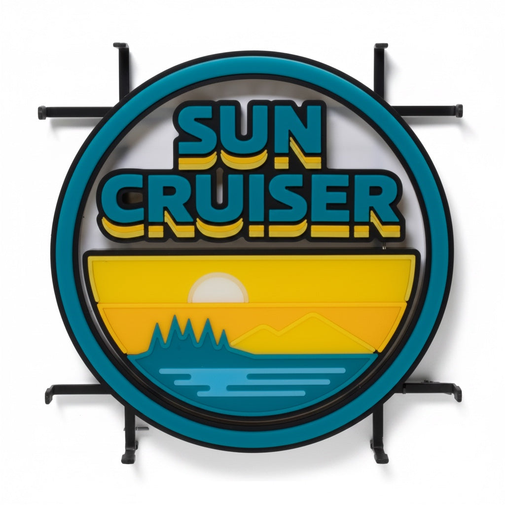 Round light up sign with Sun Cruiser text and sunset scene
