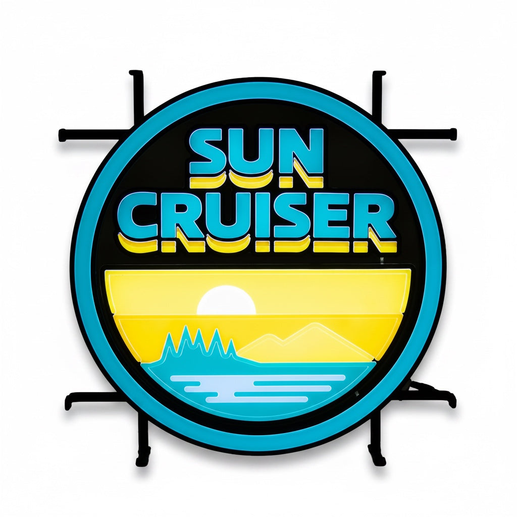 Round light up sign with Sun Cruiser text and sunset scene