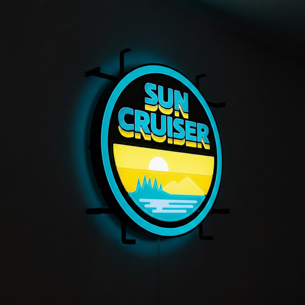 Round light up sign with Sun Cruiser text and sunset scene