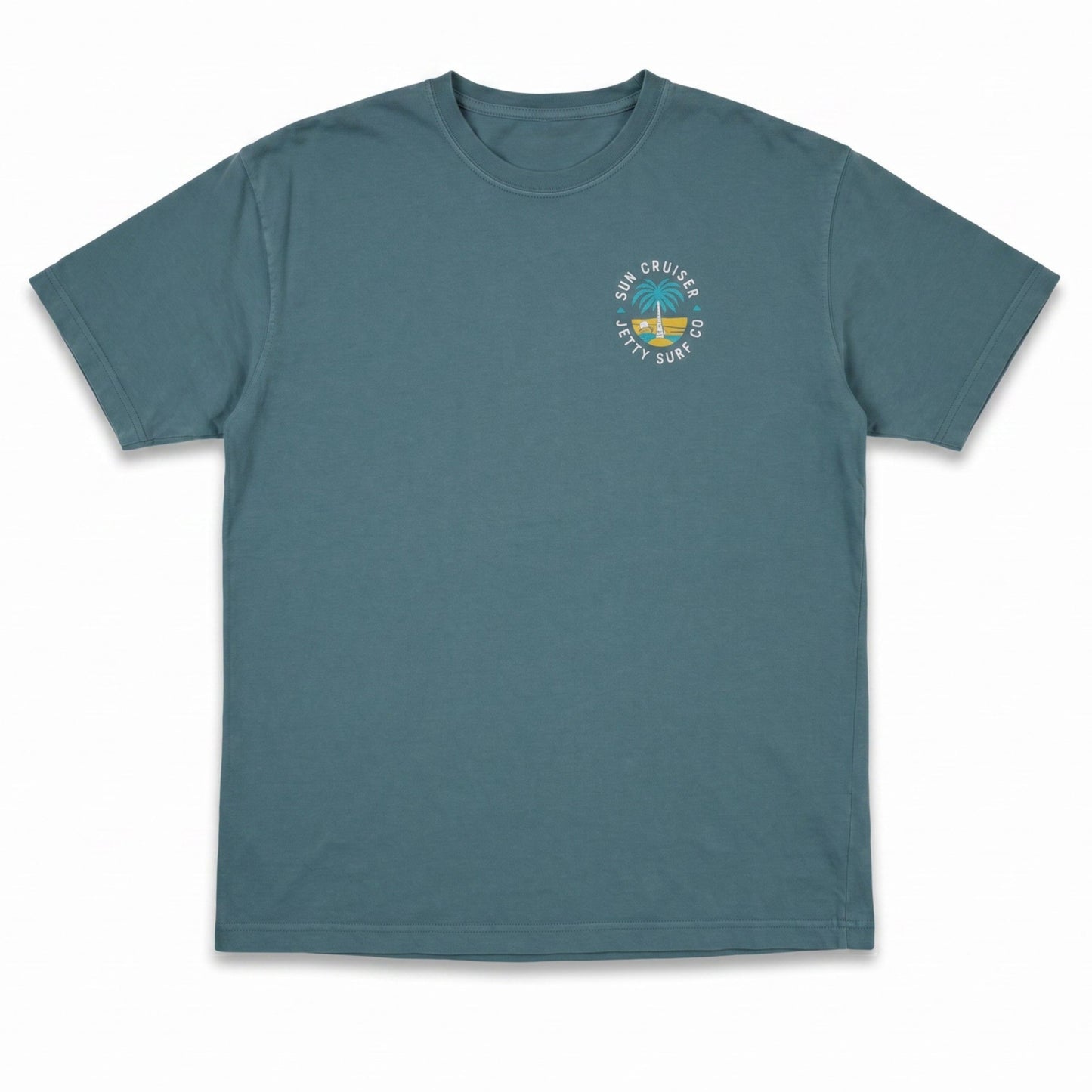 A slate blue crewneck t-shirt with a small circular 'Sun Cruiser Jetty Surf Co' graphic on the left chest, displayed flat against a white background.
