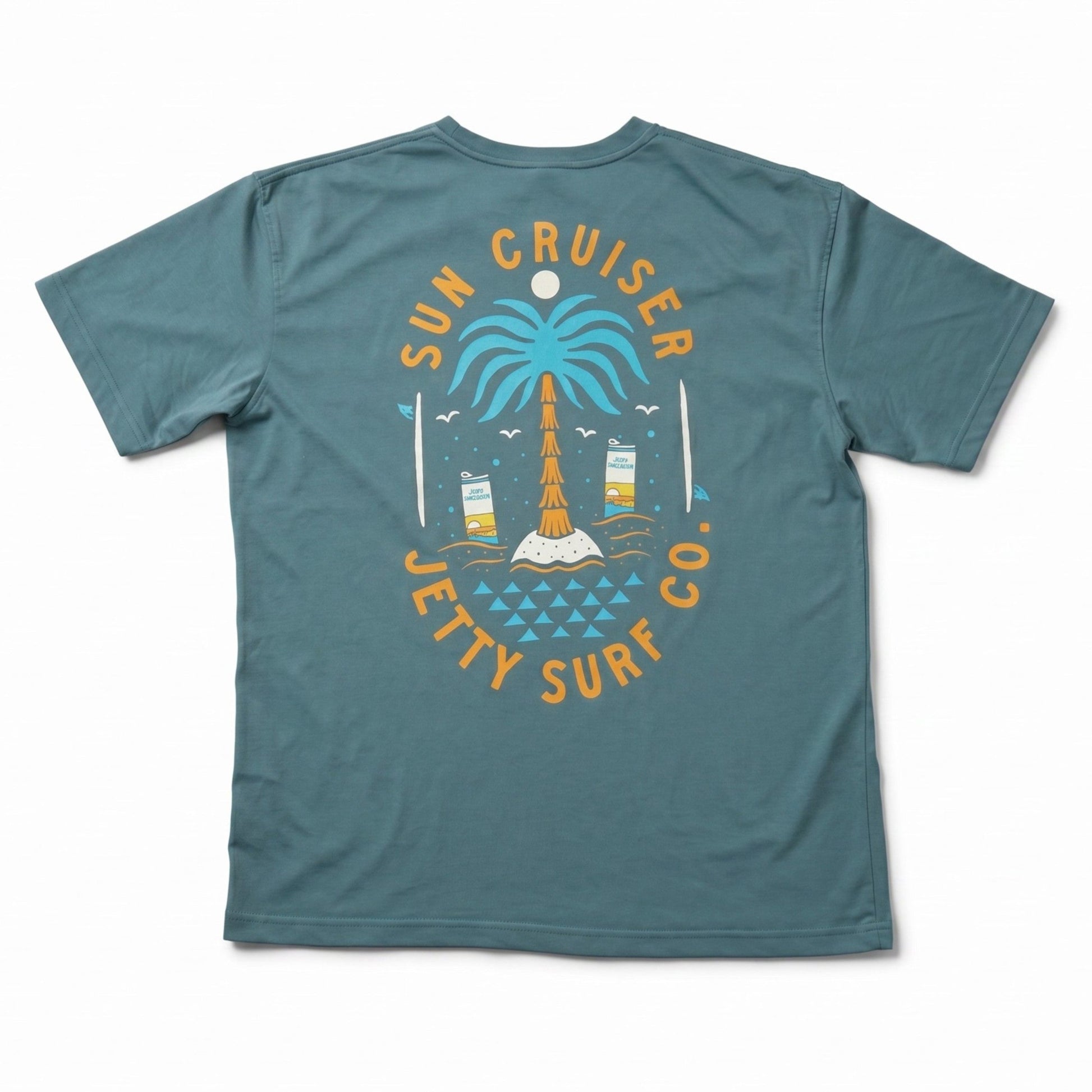A teal blue short-sleeve t-shirt shown from the back, featuring a large graphic print of a palm tree, and cans, and the text 'SUN CRUISER JETTY SURF CO.' in orange and light blue.