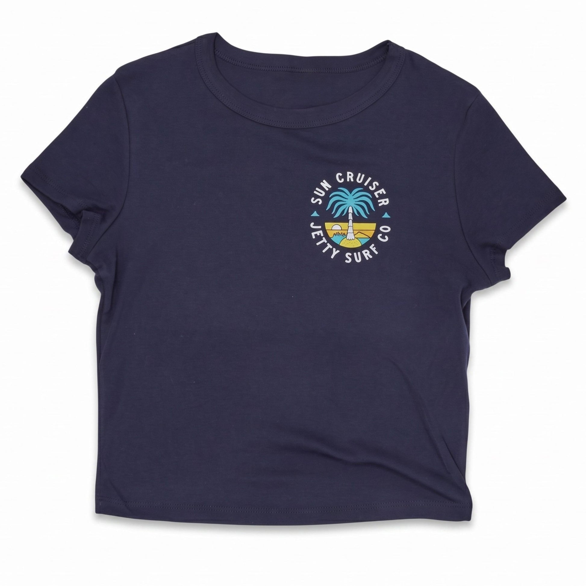 A navy blue short-sleeve t-shirt with a circular 'Sun Cruiser Jetty Surf Co' graphic on the left chest, displayed flat against a white background.