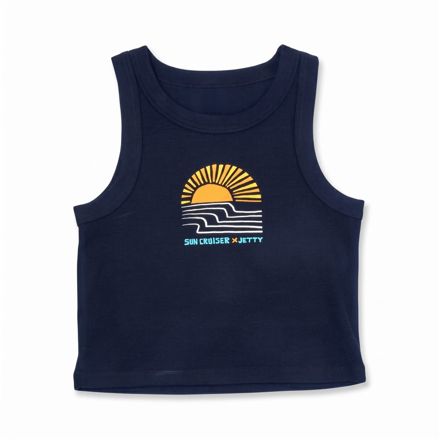 A navy blue sleeveless tank top with a retro sunset graphic on the chest. The graphic features a yellow sun, white waves, and the text 'SUN CRUISER x JETTY' in yellow and light blue