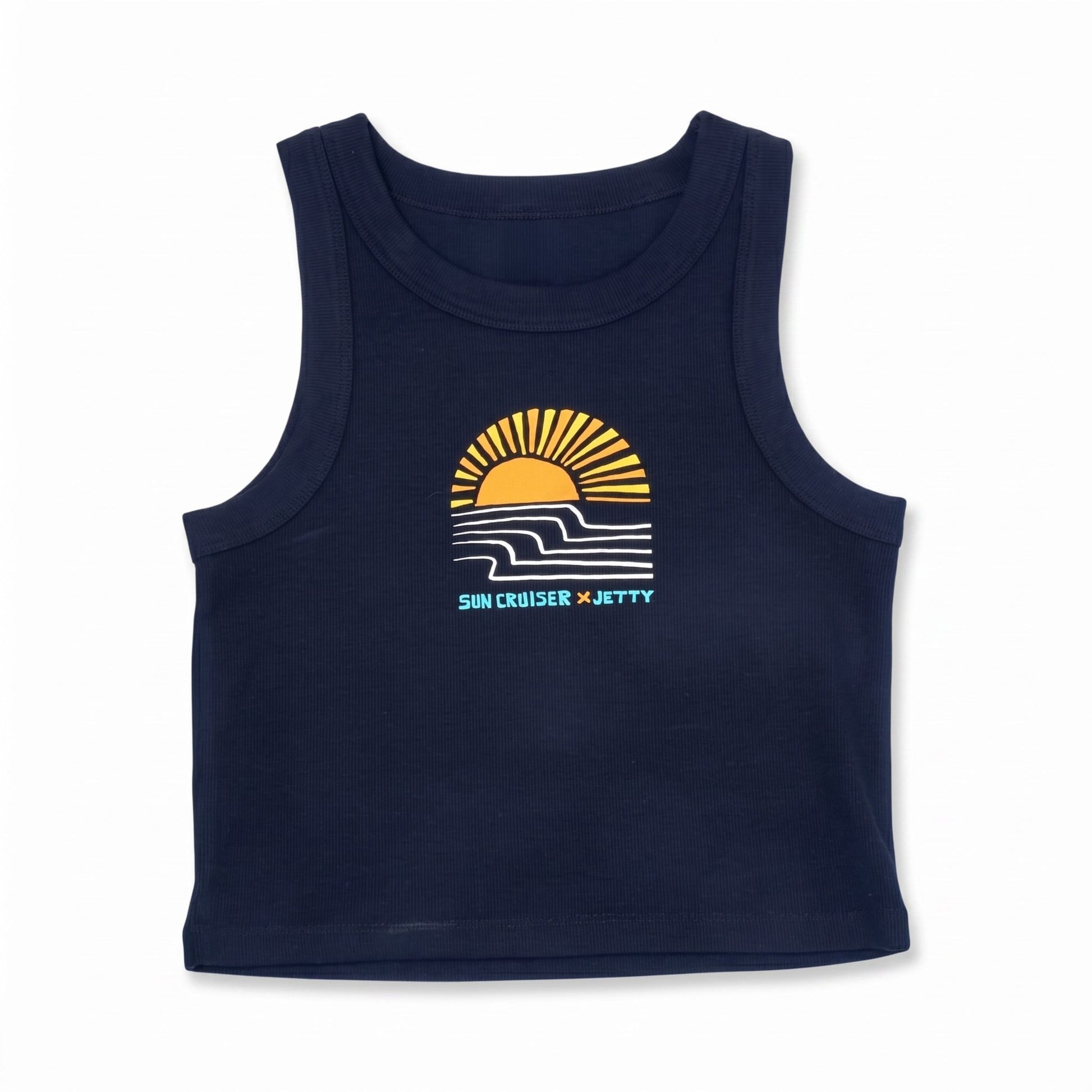 A navy blue sleeveless tank top with a retro sunset graphic on the chest. The graphic features a yellow sun, white waves, and the text 'SUN CRUISER x JETTY' in yellow and light blue