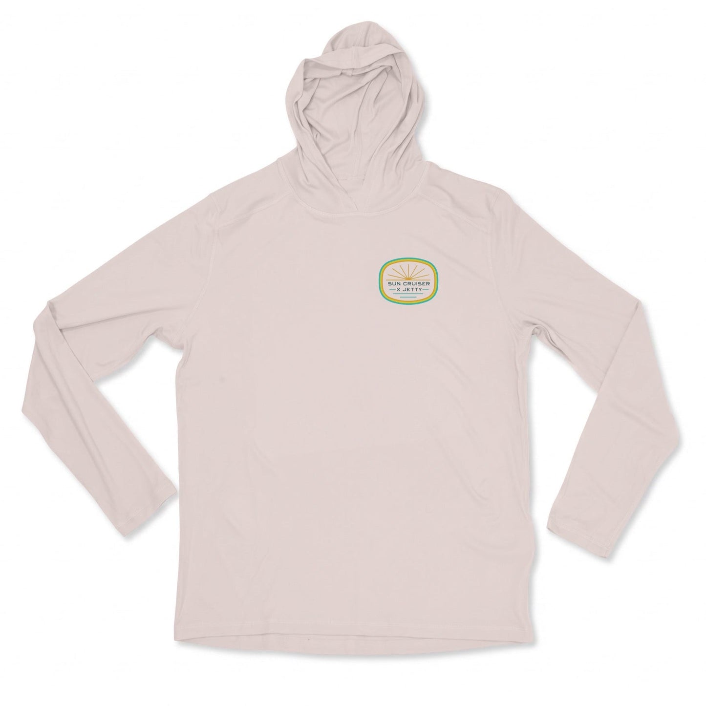 Beige hoodie pullover with small chest logo  with text Sun Cruiser x Jetty. 