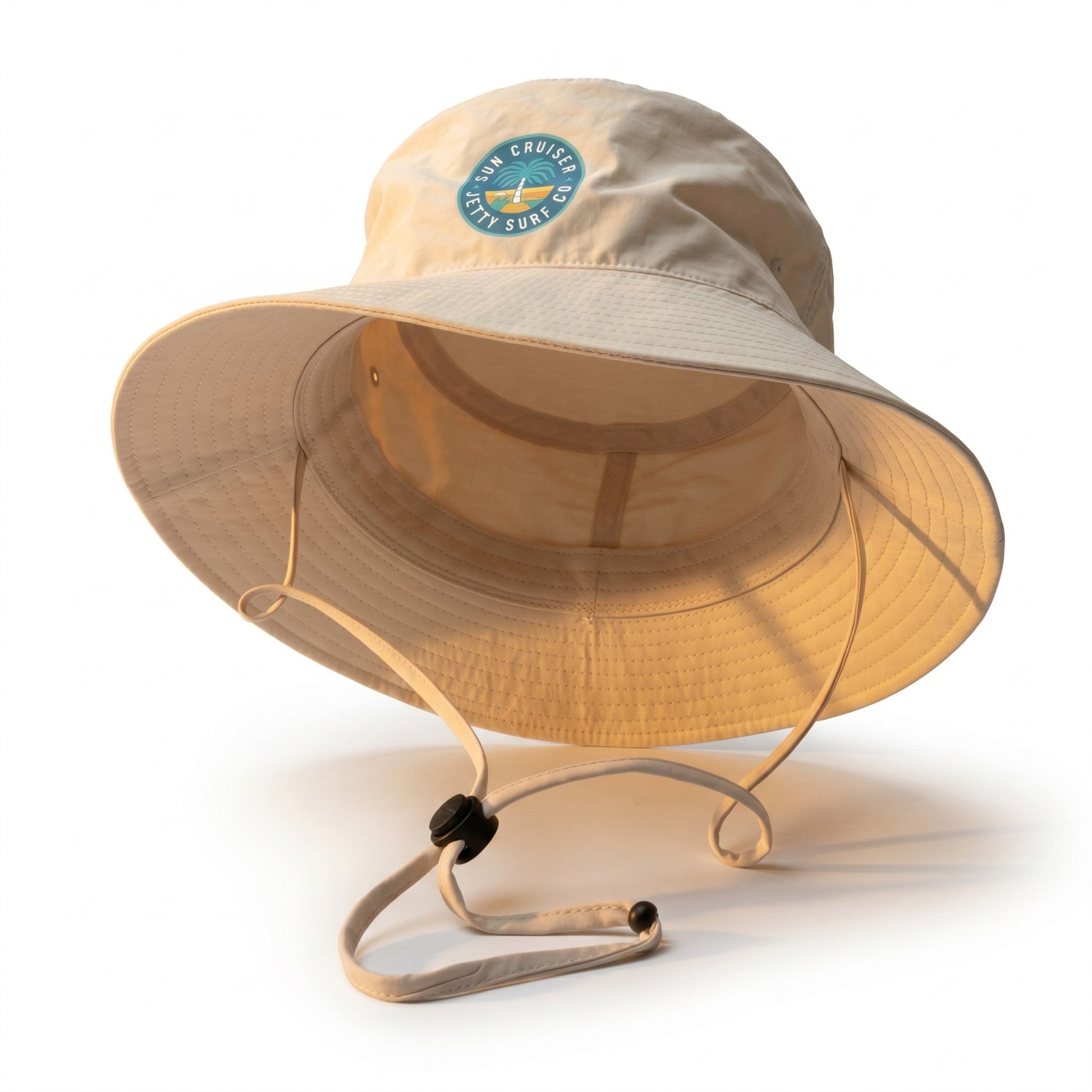 A beige wide-brim sun hat with a matching chin strap, featuring a circular 'Sun Cruiser' logo on the front, set against a plain white background.