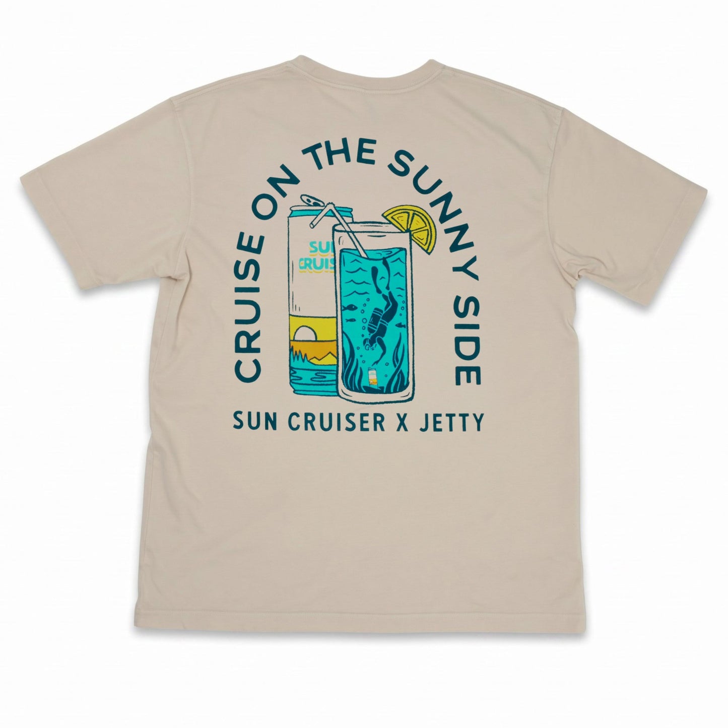 Tan tee shirt with Cruise on the sunny side graphic. Sun Cruiser x Jetty text at the bottom and can and tropical drink. 