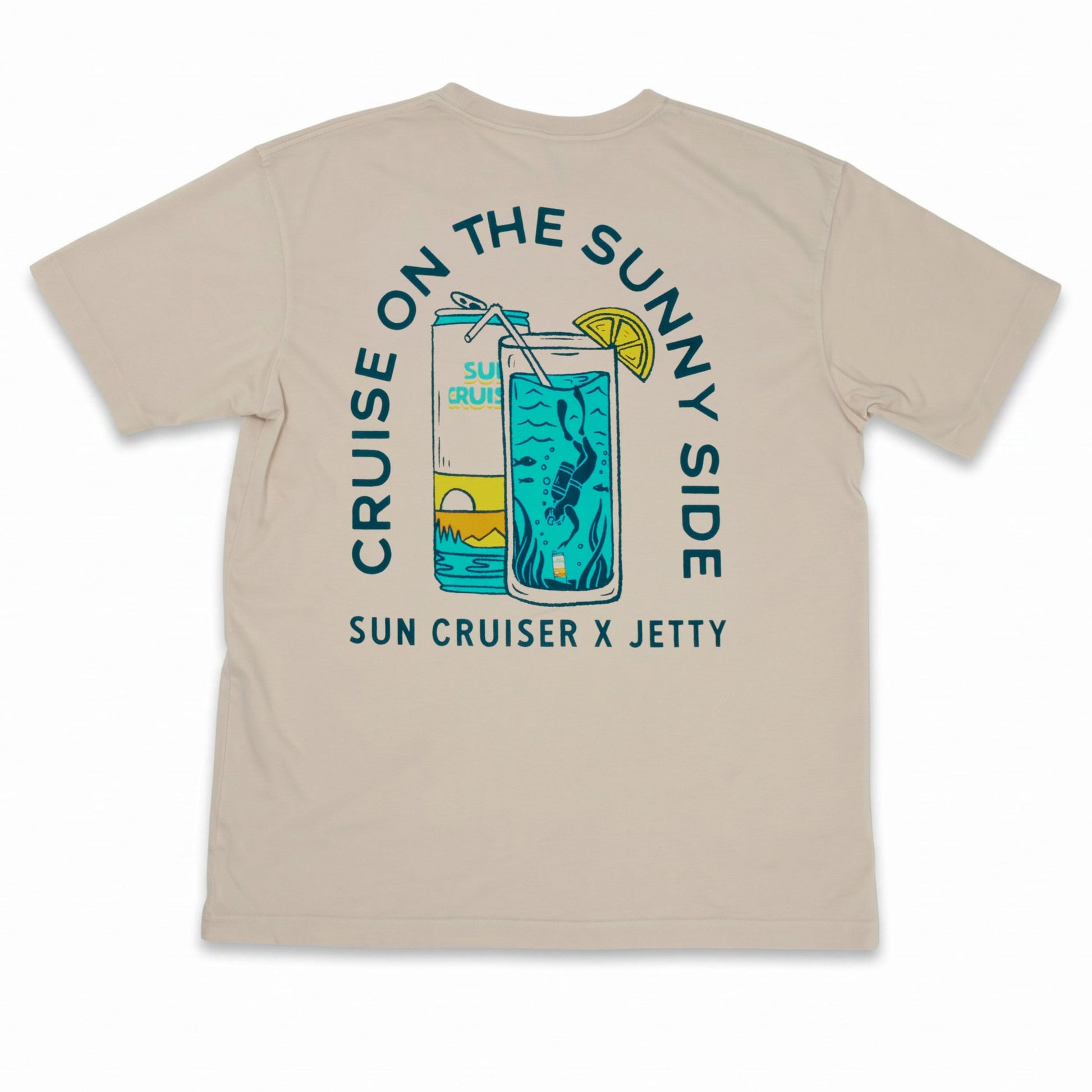 Tan tee shirt with Cruise on the sunny side graphic. Sun Cruiser x Jetty text at the bottom and can and tropical drink. 