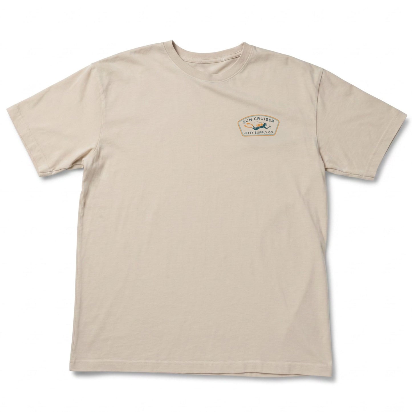 A beige short-sleeve crewneck t-shirt with a small chest logo "Sun Cruiser Jetty Supply Co"