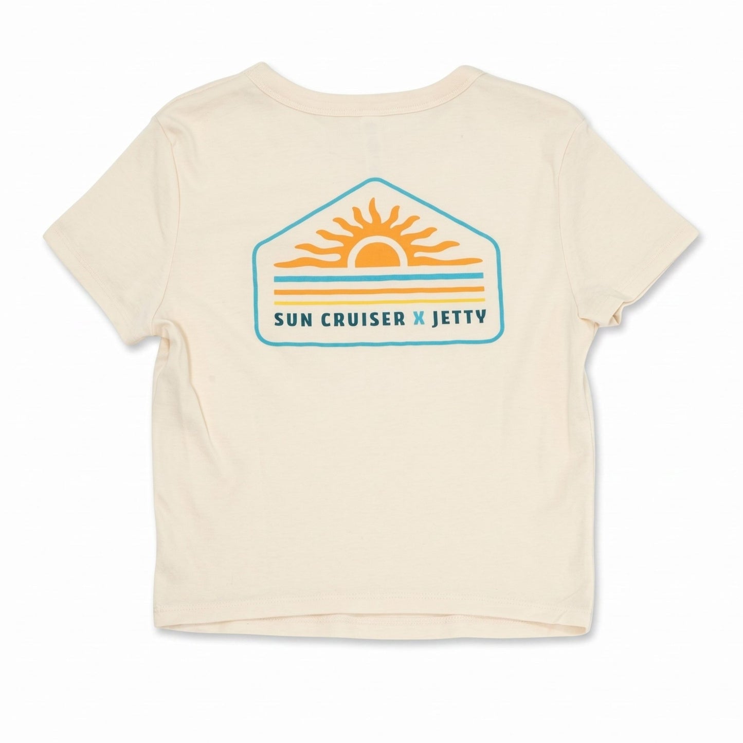 An off-white short-sleeve t-shirt with a retro-style 'Sun Cruiser x Jetty' graphic on the chest, featuring a yellow sun, orange stripes, and a teal border.