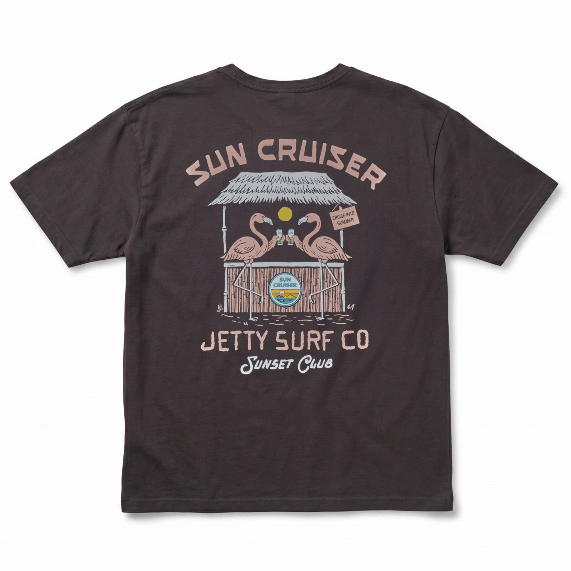 Black tee shirt on white background with two flamingos holding drinks at a tiki bar with Sun Cruiser logo. 