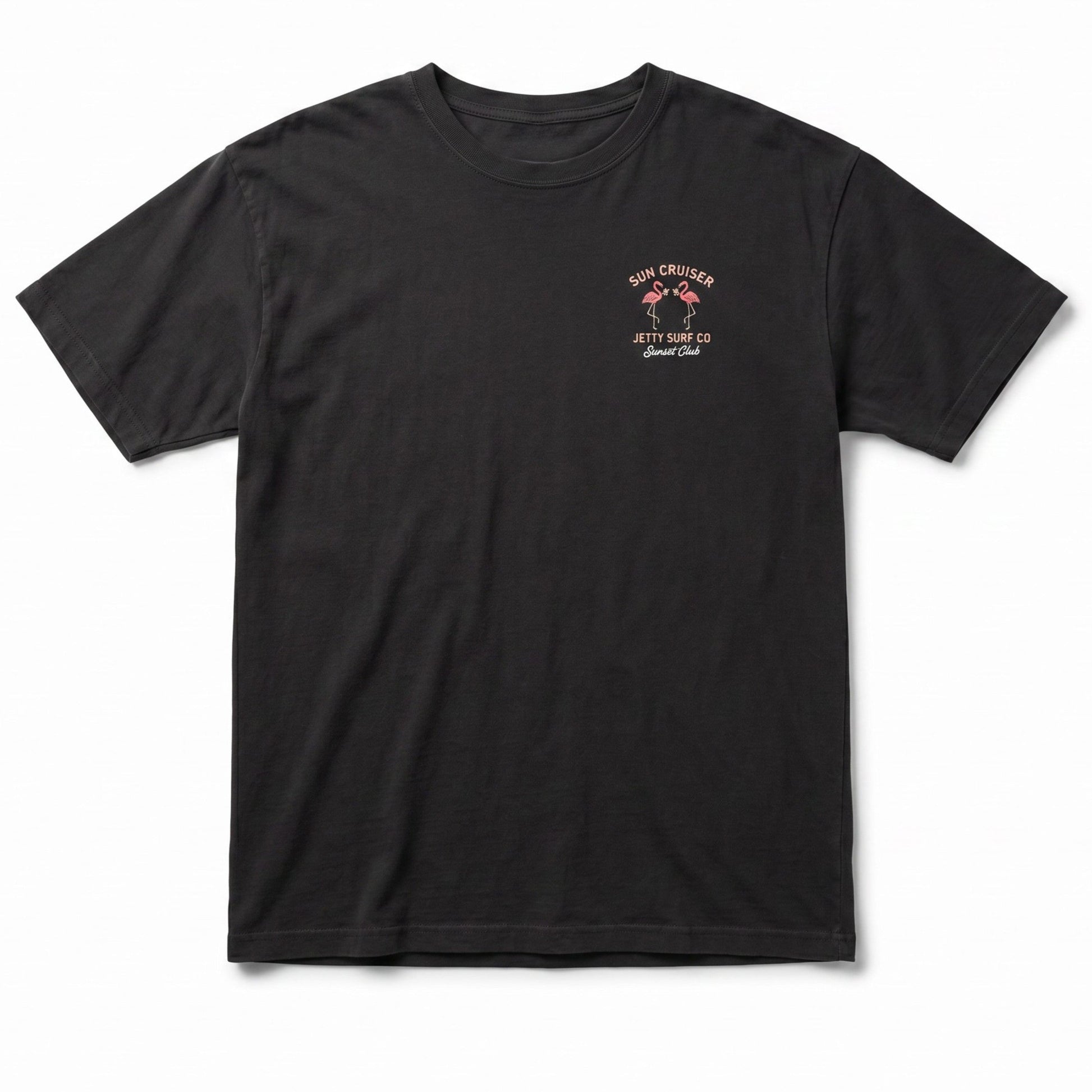 Black tee shirt on white background Sun Cruiser Jetty Surf Co and two flamingos
