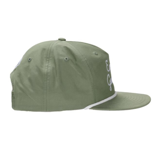 Side view of the Sage RICHARDSON Explore Goodness Rope Hat by Richardson, featuring a flat brim, white embroidered lettering on the front, and white trim along the brim edge.