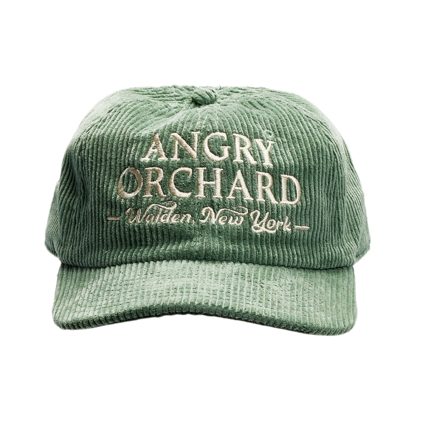 Sage Green Corduroy Flat Brim Hat with an Angry Orchard Walden, New York logo. 
