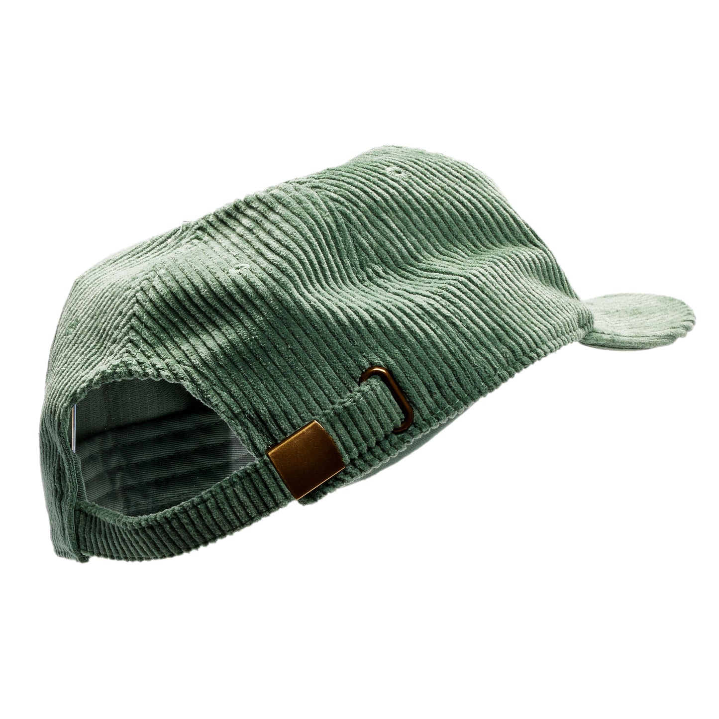 Backside of Sage Green Corduroy Flat Brim Hat with an Angry Orchard Walden, New York logo. The backside shows a small brown buckle for adjusting sizes