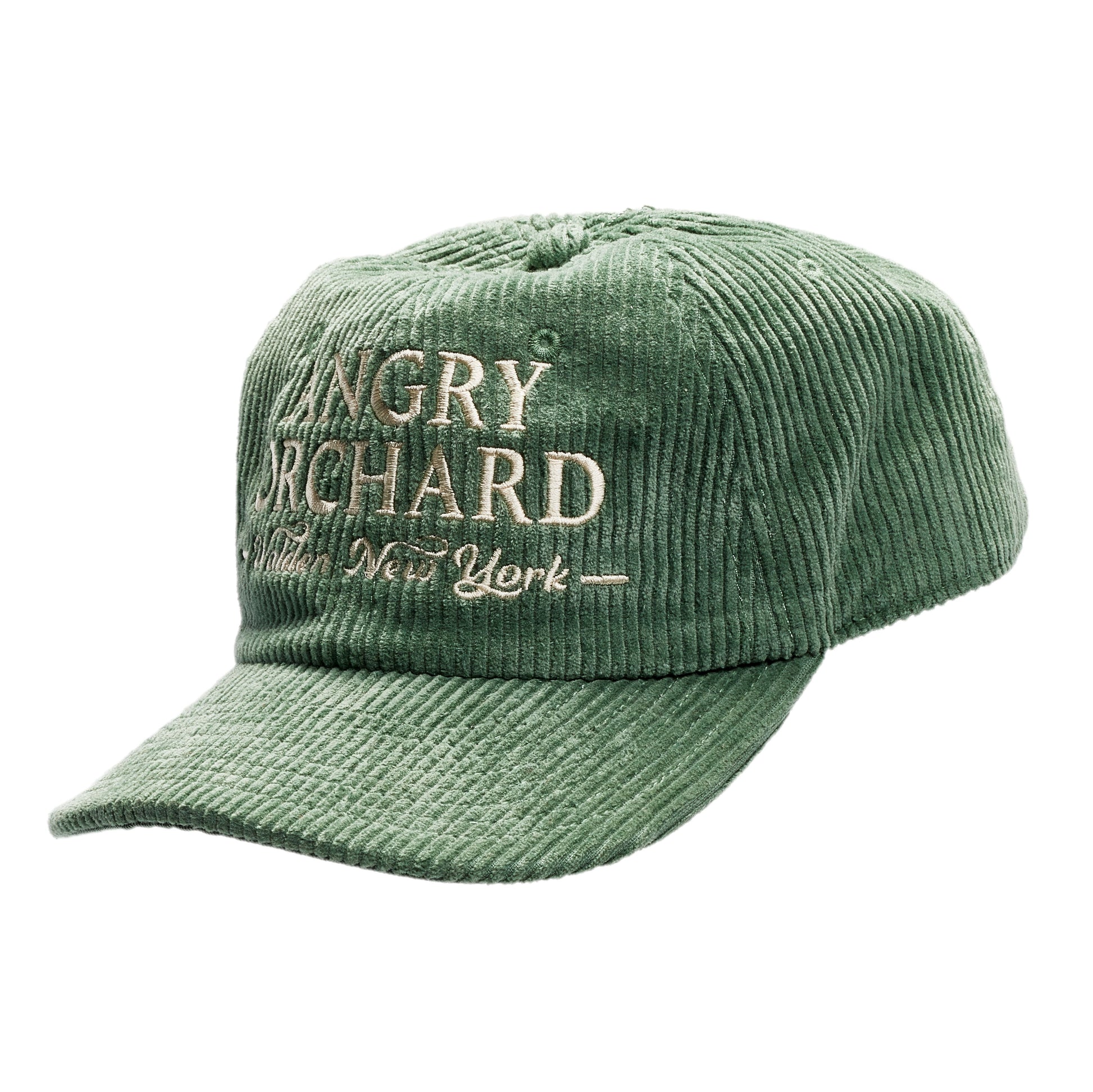 Sage Green Corduroy Flat Brim Hat with an Angry Orchard Walden, New York logo