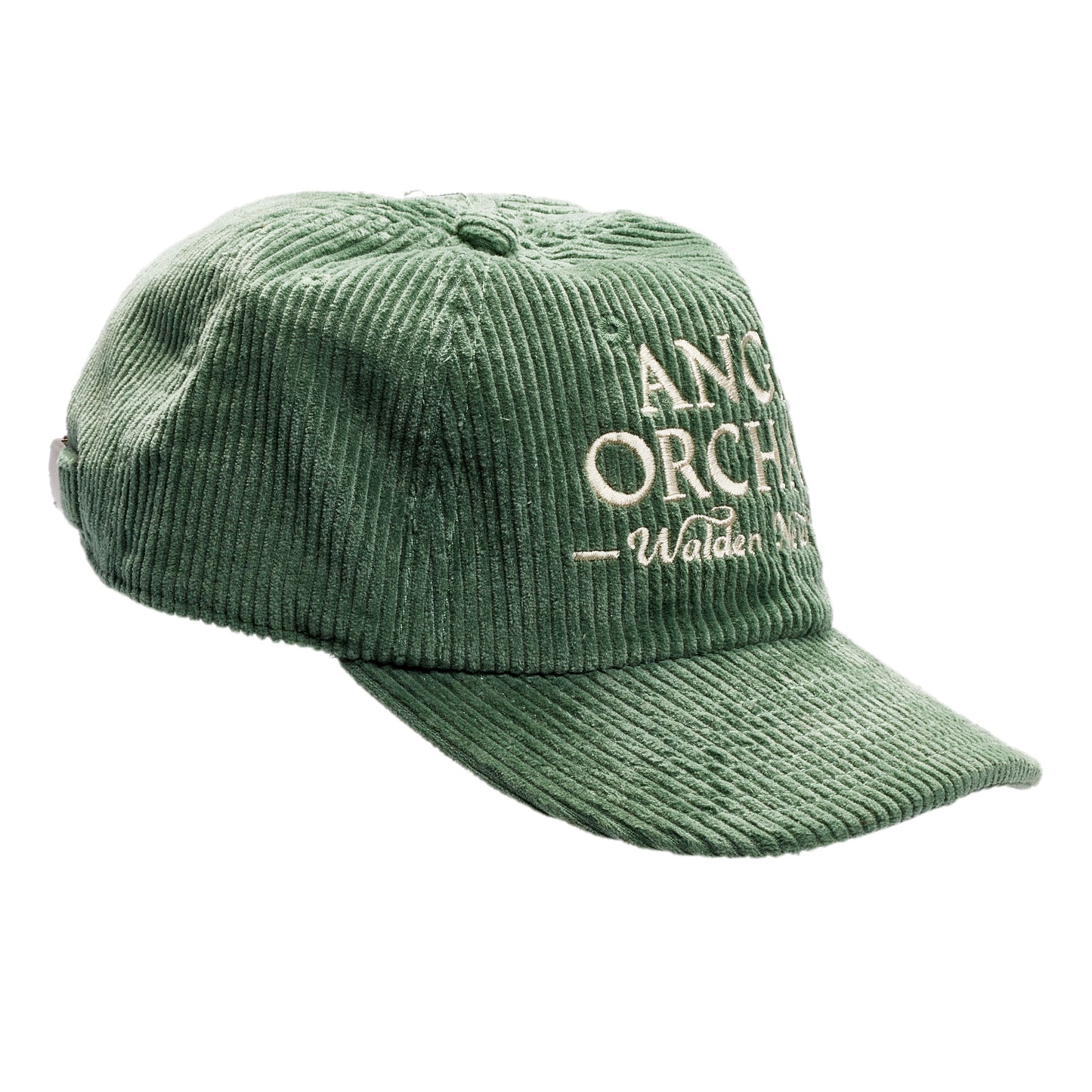 Sage Green Corduroy Flat Brim Hat with an Angry Orchard Walden, New York logo