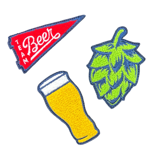 3 pack of Sam adams iron on patches. Team Beer flag. Beer pint. Green hops.