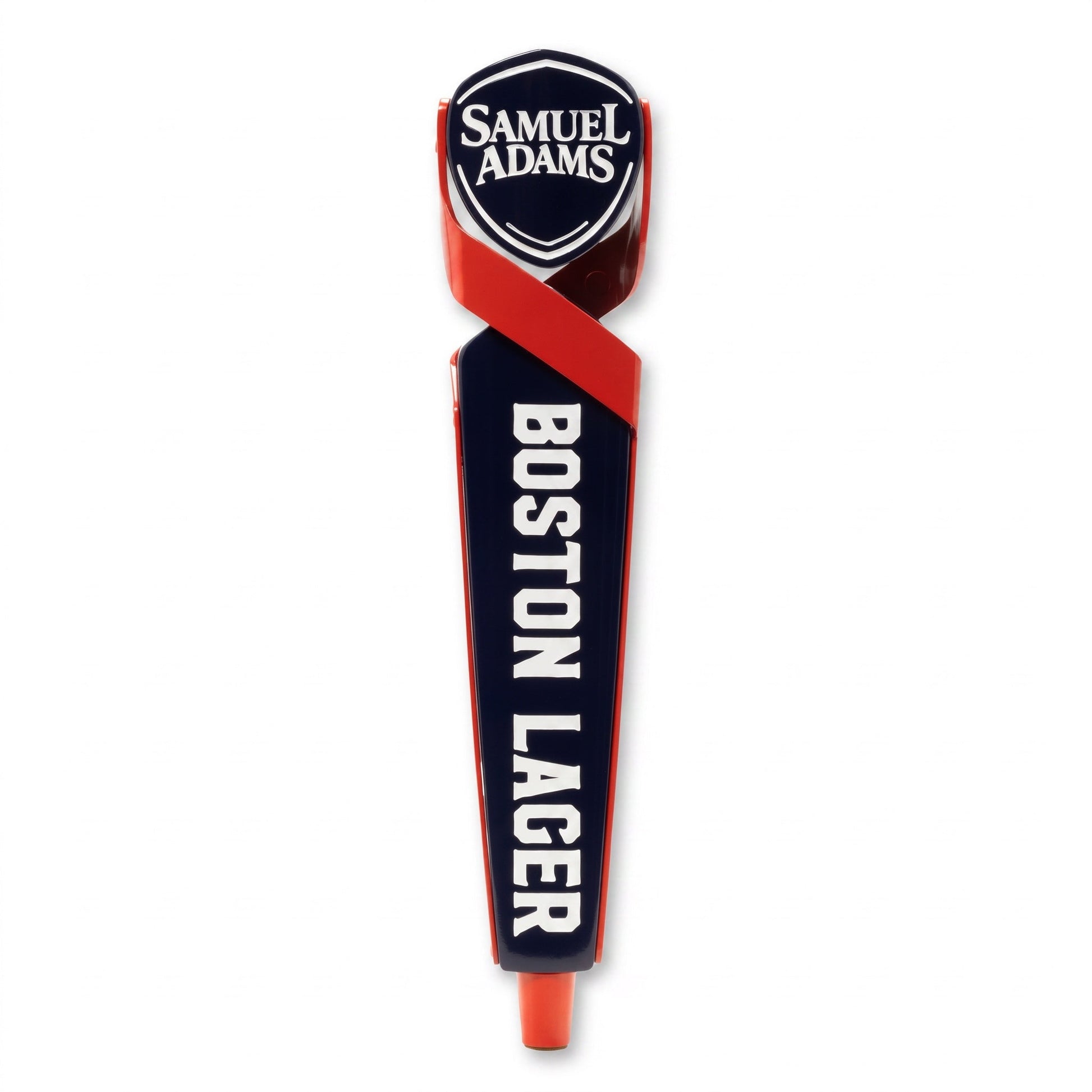 A tap handle with the Sam Adams logo written in white against a blue shield shaped piece. The shield is being held by two red shapes that cross and continue down the tap handle.  Boston Lager is written vertically in white across the blue body of the tap handle. There is a red   cylindrical shape at the bottom. 