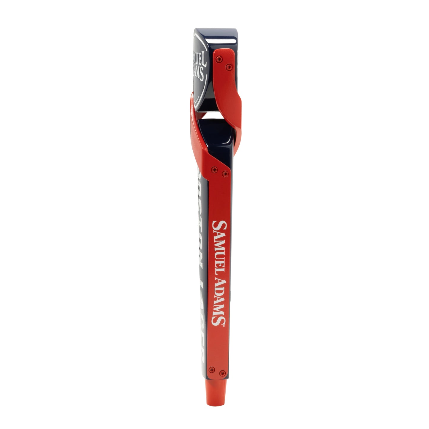 A side view of the tap handle featuring the red border. Sam Adams logo is written vertically in white on the side. 