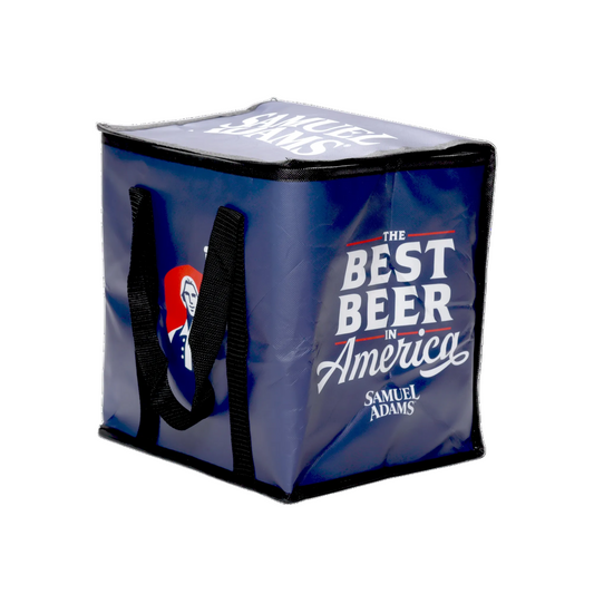 A navy Sam Adams-themed Cooler Bag. Has black handles, the Sam Adams hoist logo, and the slogan "the best beer in America".