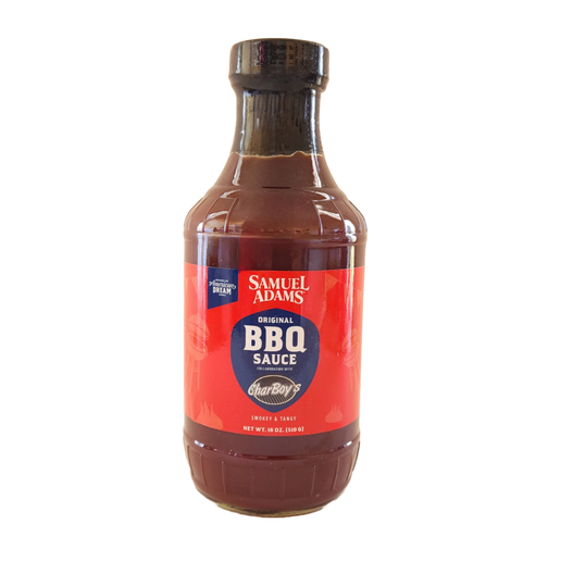 The Sam Adams x CharBoy's BBQ Sauce bottle.