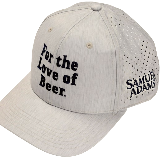 Front-side view of hat which shows writing on front of the hat and logo on the side.