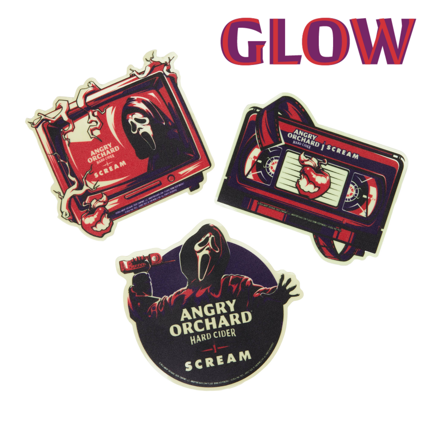 Three die-cut sticker designs featuring Scream-themed graphics and text, including a TV screen with a masked figure, a cassette tape with a heart graphic, and a circular sticker with the words 'Angry Orchard Hard Cider' and 'Scream.' The word 'GLOW' appears in large letters at the top right on a white background.