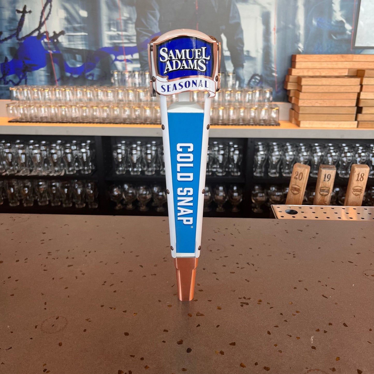 Samuel Adams Seasonal Tap Handle with interchangeable labels. Pictured here with the Cold Snap label.
