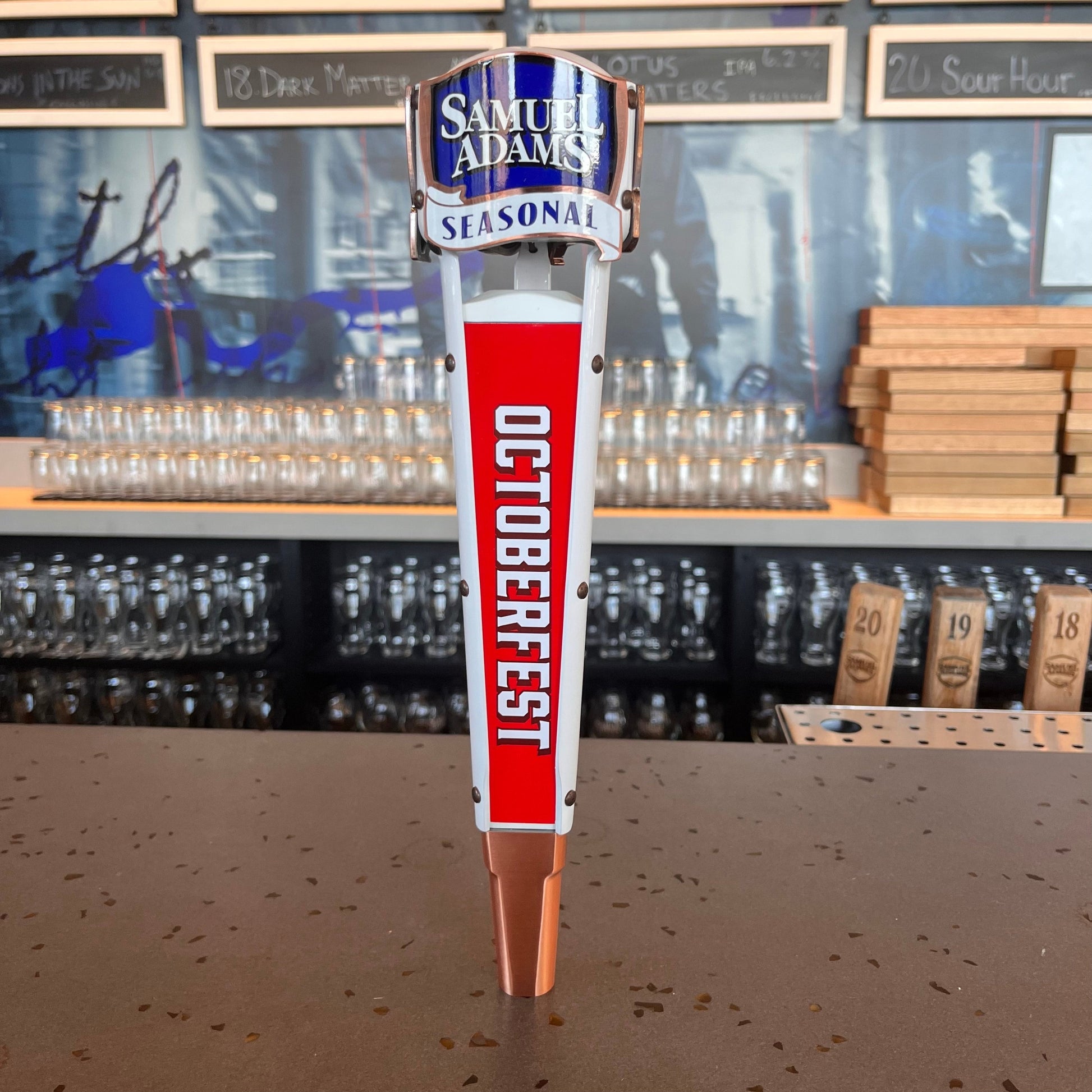 Samuel Adams Seasonal Tap Handle with interchangeable labels. Pictured here with the Octoberfest label.