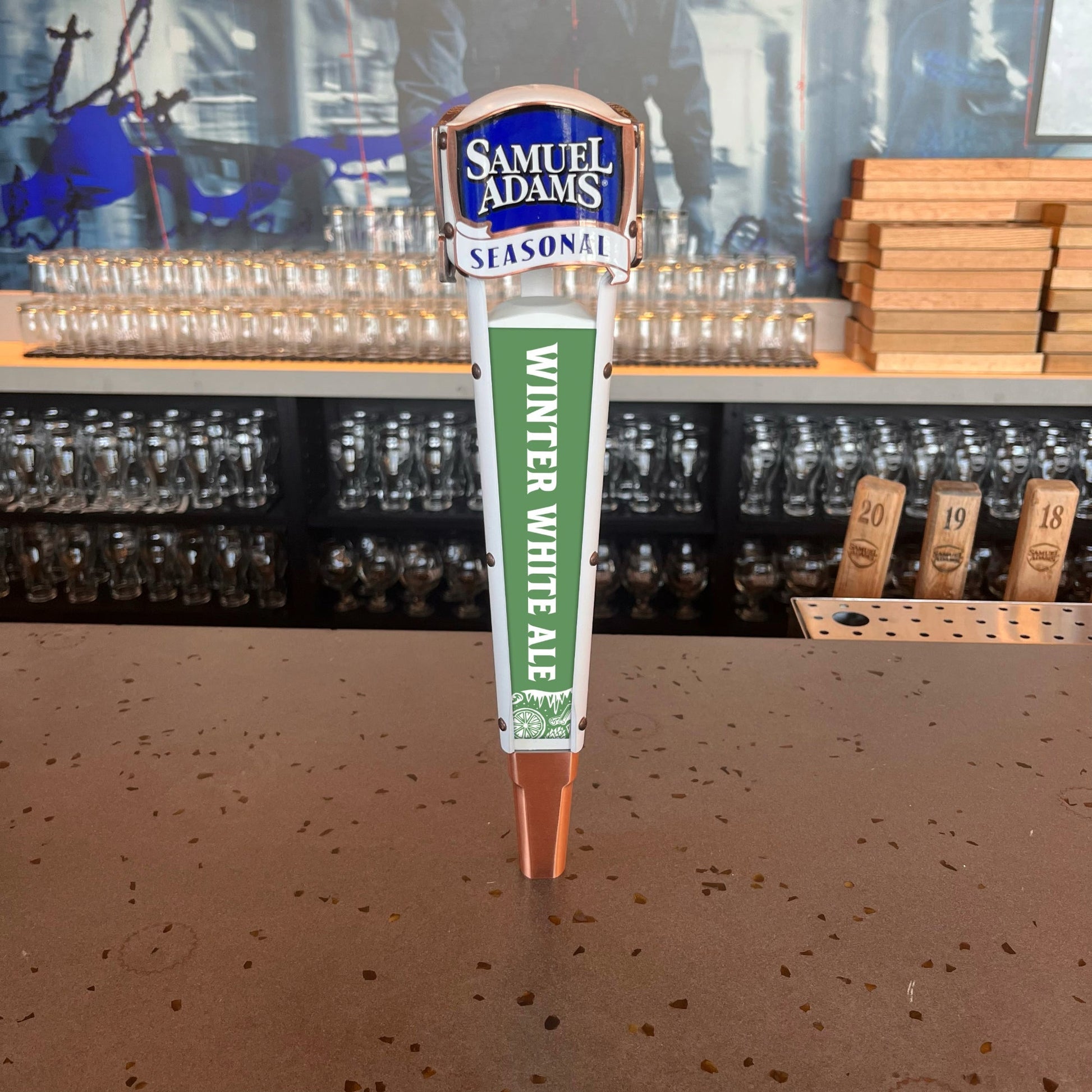 Samuel Adams Seasonal Tap Handle with interchangeable labels. Pictured here with the Winter White Ale label.