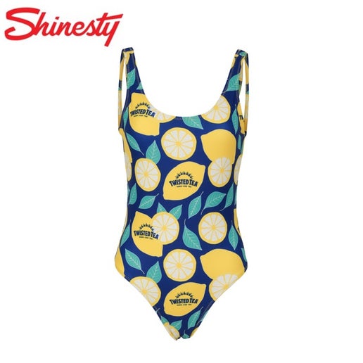 One-piece swimsuit with lemon pattern on a white background, featuring the brand 'Shinestry'.