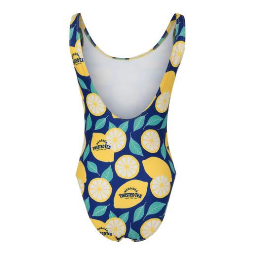 One-piece swimsuit with lemon and leaf pattern on a white background