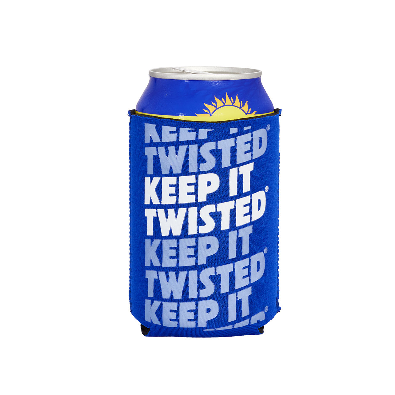 Blue can cooler with 'Keep It Twisted' text on a white background