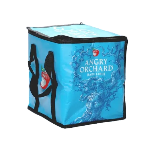 This blue cooler bag includes five sides of designs. Two sides have the iconic Angry Orchard red bitten apple, the other two have writing "Angry Orchard Hard Cider" with an image of the Angry Orchard tree trunk with a face. The top of the cooler says, 'Angry Orchard Hard Cider".
